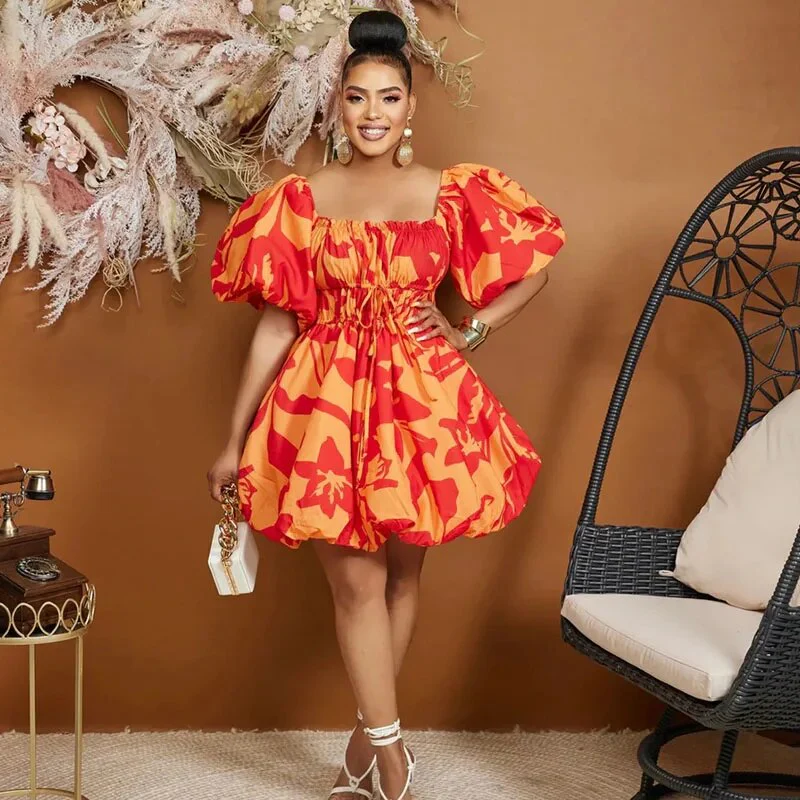 African Print Dresses for Women Summer Elegant African Off Shoulder Short Puff Sleeve Mini Birthday Evening Gowns African Dress - Image 4