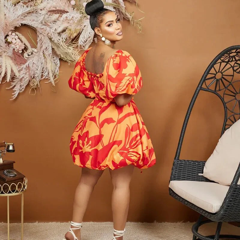 African Print Dresses for Women Summer Elegant African Off Shoulder Short Puff Sleeve Mini Birthday Evening Gowns African Dress - Image 5