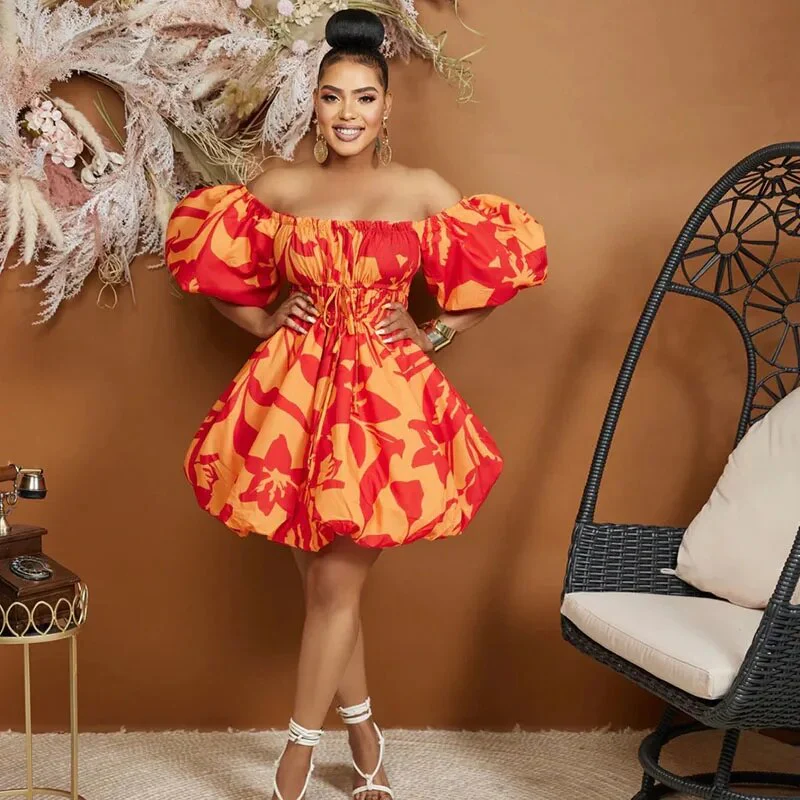 African Print Dresses for Women Summer Elegant African Off Shoulder Short Puff Sleeve Mini Birthday Evening Gowns African Dress - Image 6