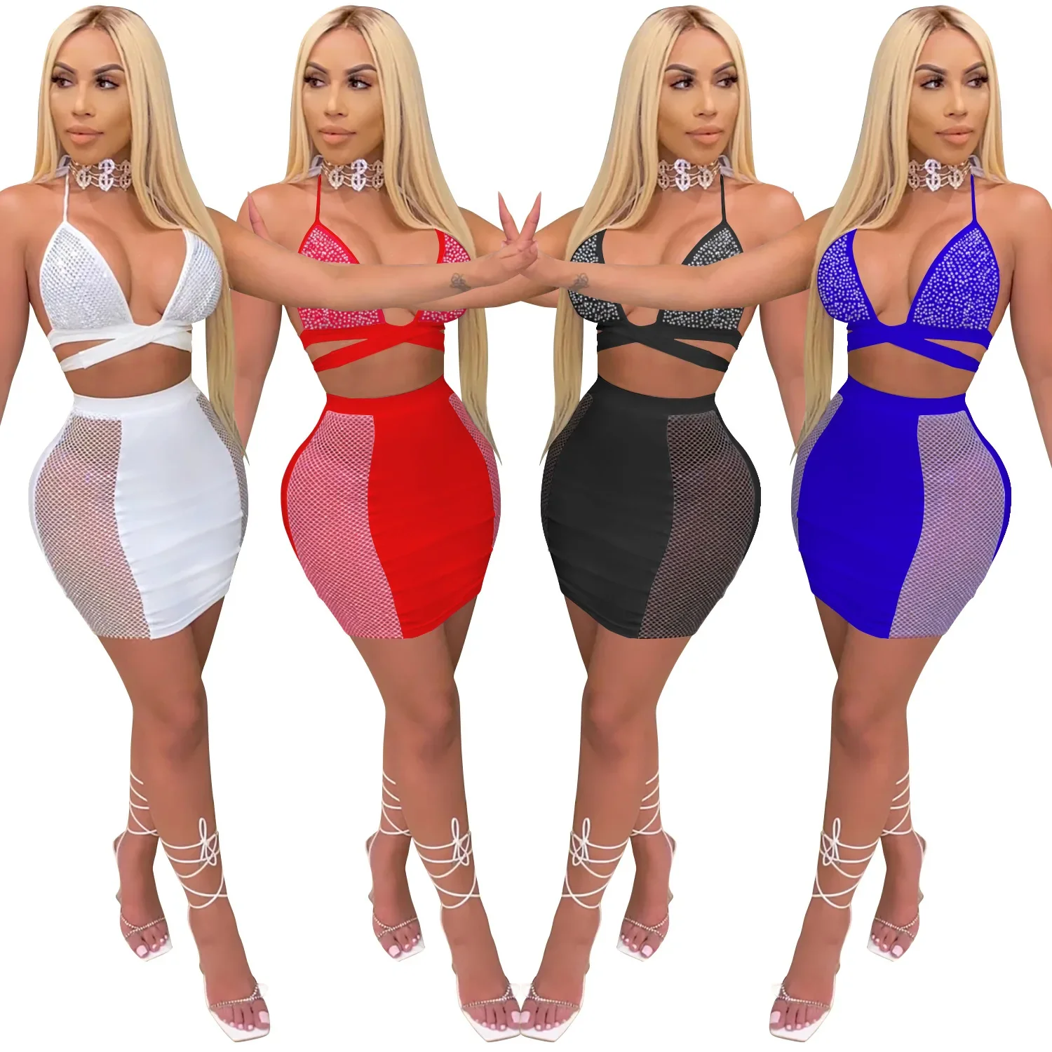 Zoctuo Sexy Rhinestones Diamond 2 Pieces Sets Women Club Party Two Piece Outfits Spaghetti Strap Top and Mini Skirt Suit - Image 5