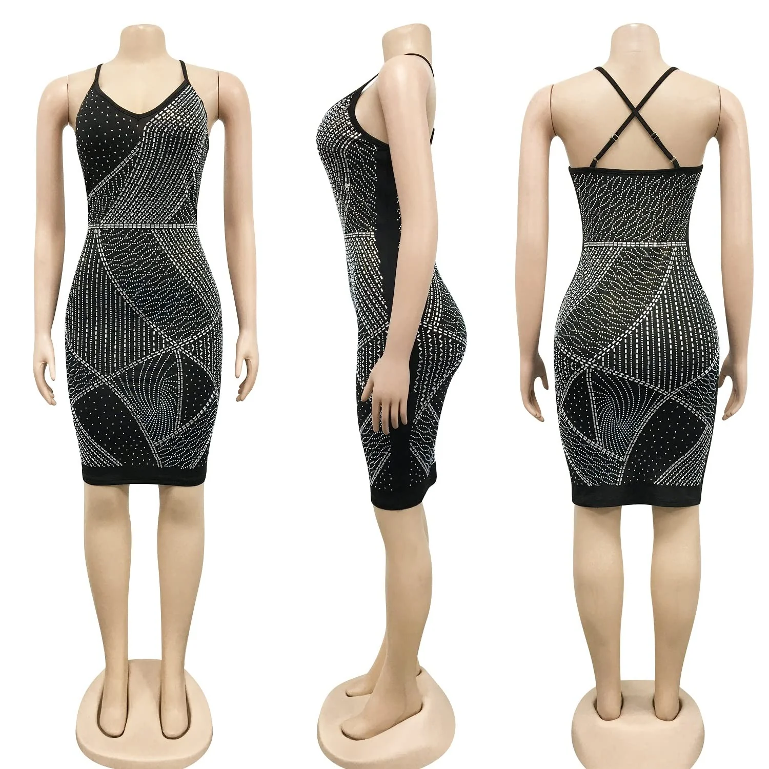 Zoctuo Women's Sexy Deep V Neck Rhinestone Spaghetti Straps Bodycon Mini Dress Party Club Night Outfit(5748,Rose Red,M) - Image 4