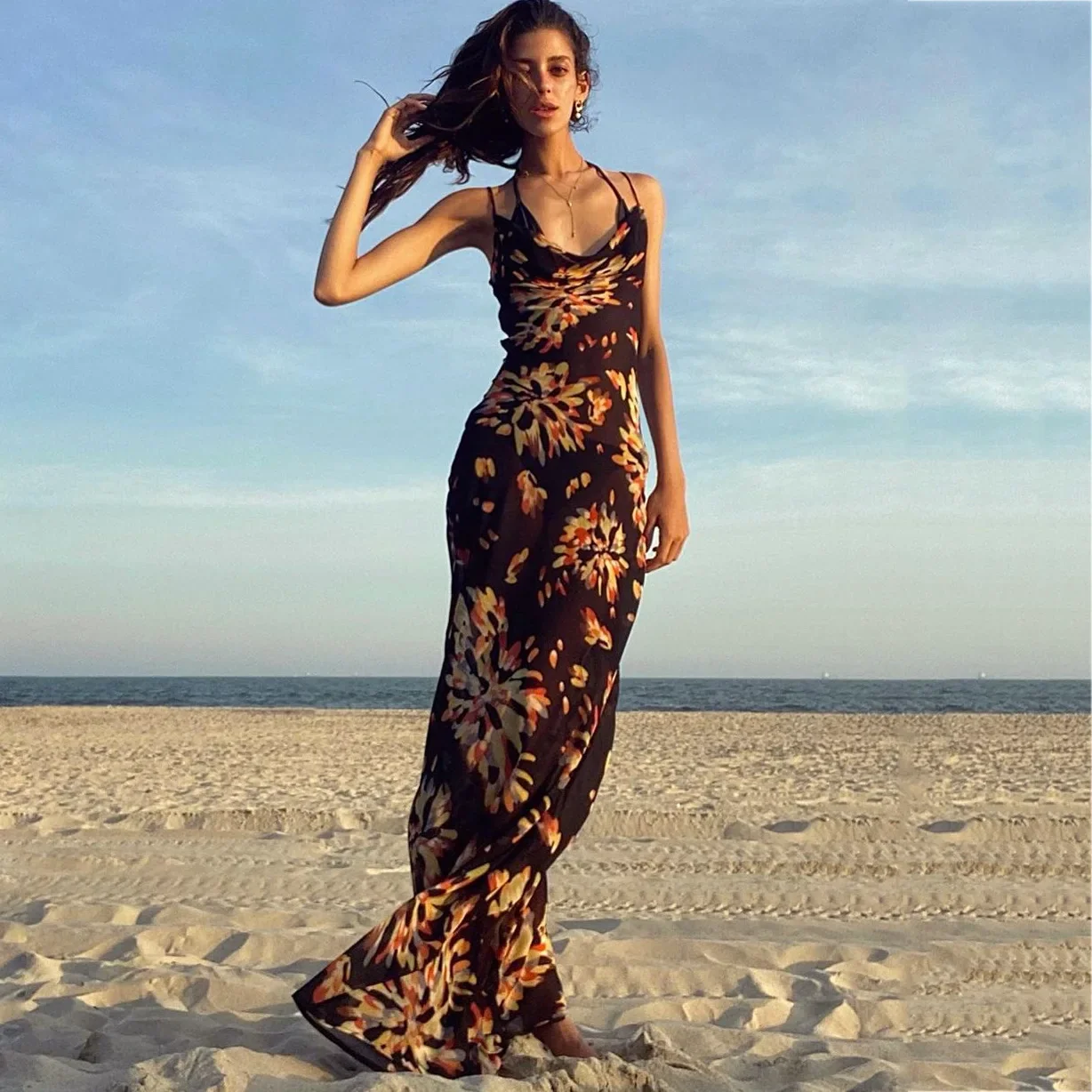 Zoctuo Zebra Printing Maxi Dresses For Women Summer Fashion Cowl Neck Sexy Club Sheer Mesh Straps Bodycon Beach Black Long Dress - Image 15