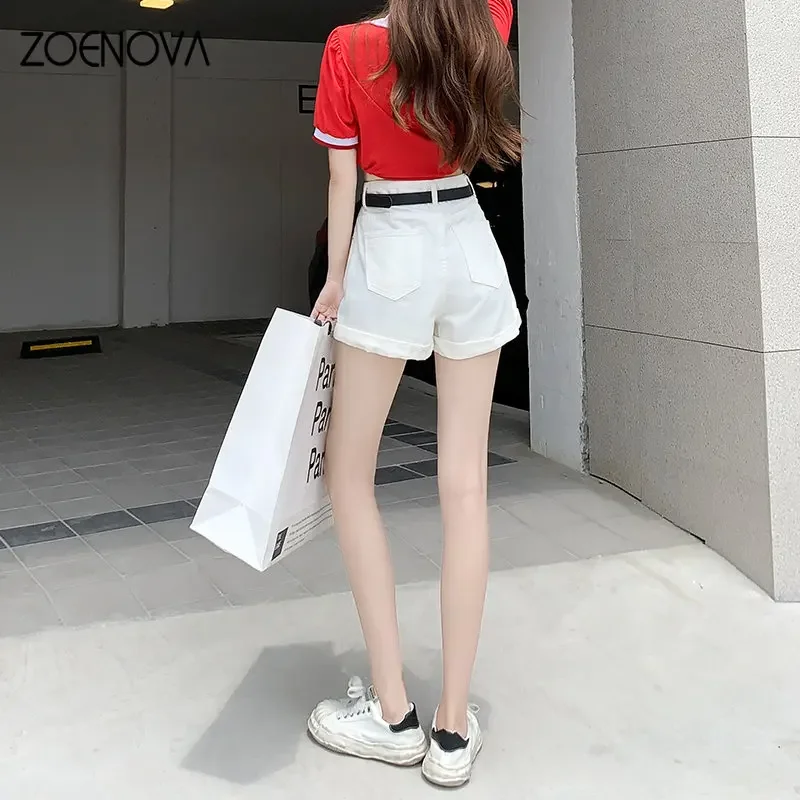 ZOENOVA 2023 Street Style High Waist Denim Shorts Rolled Edge In Candy Colors Sexy A Line All Match Shorts with Black Belt Y2K - Image 2