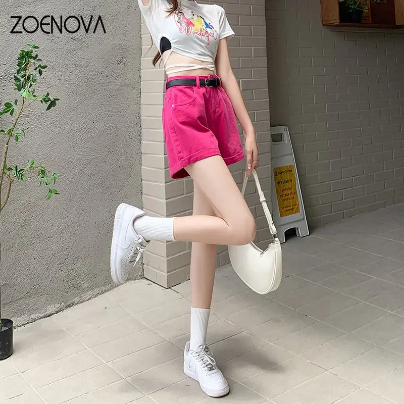 ZOENOVA 2023 Street Style High Waist Denim Shorts Rolled Edge In Candy Colors Sexy A Line All Match Shorts with Black Belt Y2K - Image 3