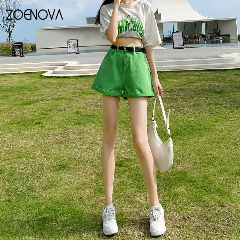 ZOENOVA 2023 Street Style High Waist Denim Shorts Rolled Edge In Candy Colors Sexy A Line All Match Shorts with Black Belt Y2K - Image 4