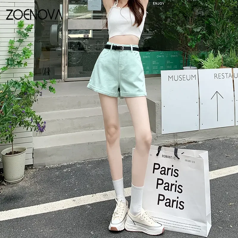 ZOENOVA 2023 Street Style High Waist Denim Shorts Rolled Edge In Candy Colors Sexy A Line All Match Shorts with Black Belt Y2K - Image 5