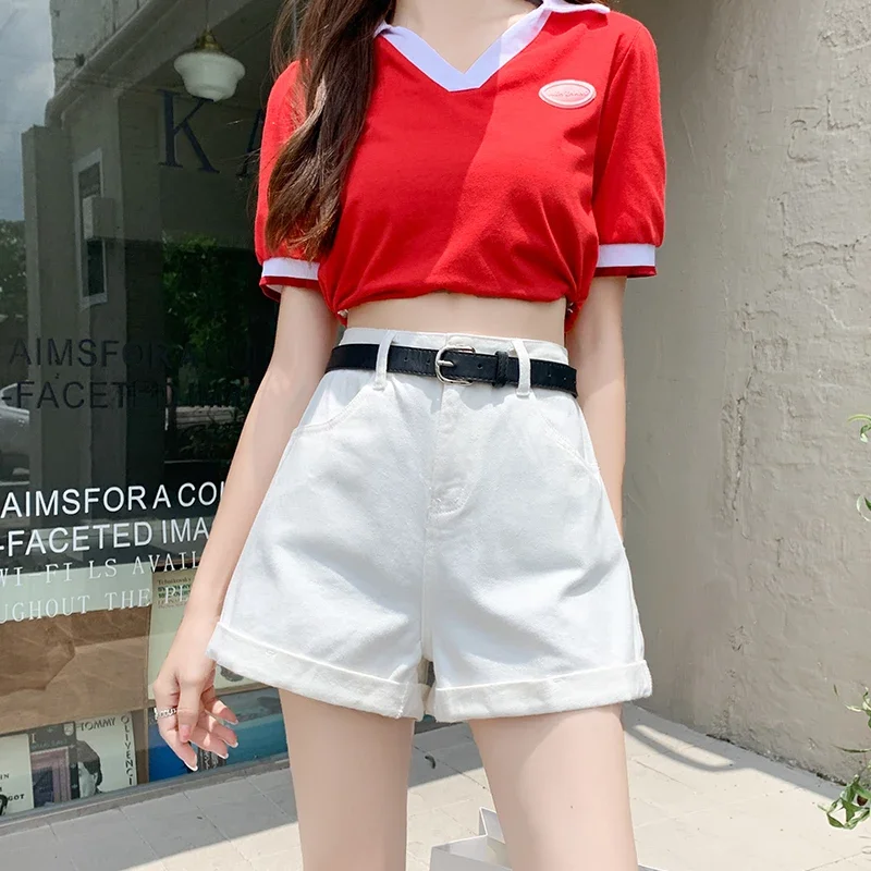 ZOENOVA 2023 Street Style High Waist Denim Shorts Rolled Edge In Candy Colors Sexy A Line All Match Shorts with Black Belt Y2K - Image 7