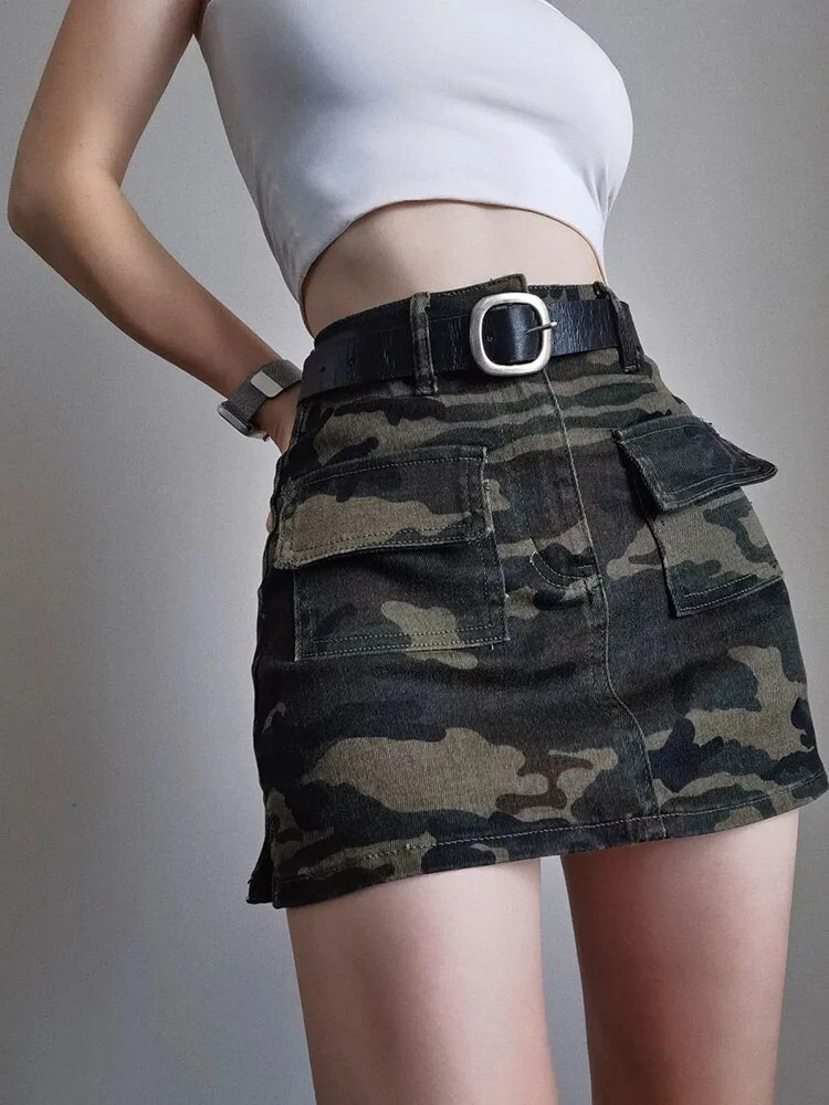 Zoki Sexy Women Streetwear Camouflage Cargo Skirt High Waist American Retro Mini Skirts Harajuku Female Pockets A Line Skirt New - Image 7