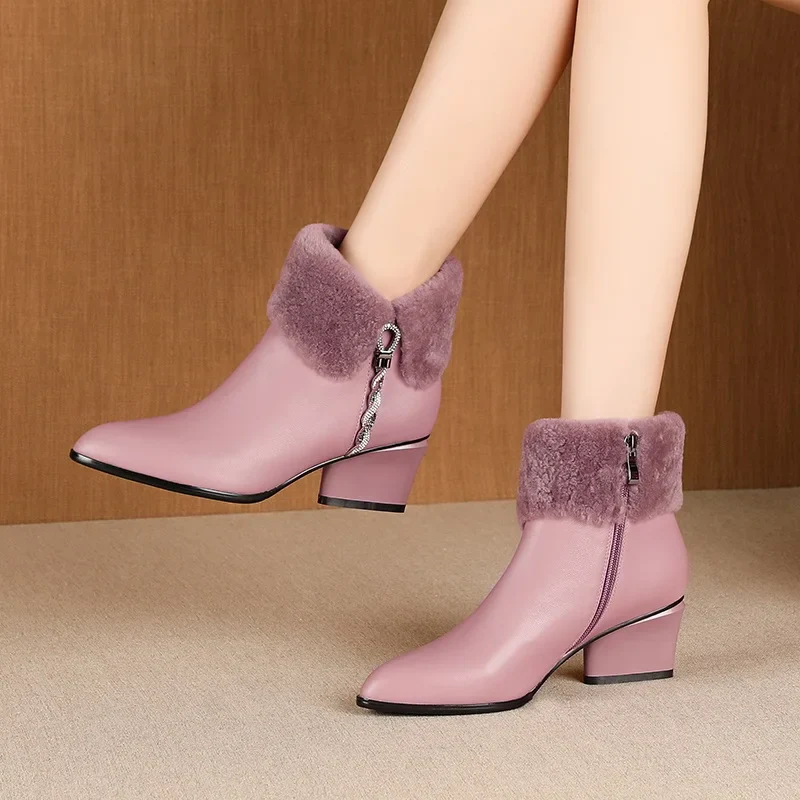 ZVQ Cute Sweet Leather Ankle Boots Winter Warm Chelsea Booties Pink Black Purple Party 5cm High Heels women's Shoes - Image 7